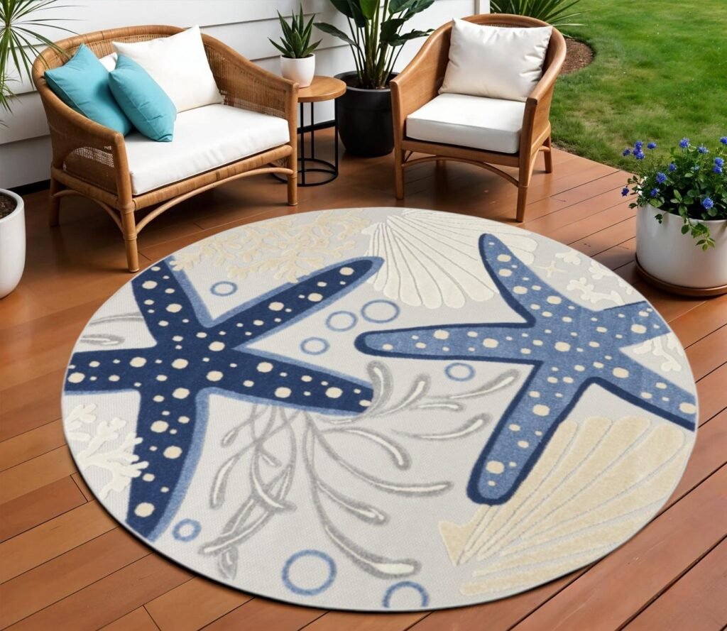 8' Blue And Gray Round Indoor Outdoor Area Rug