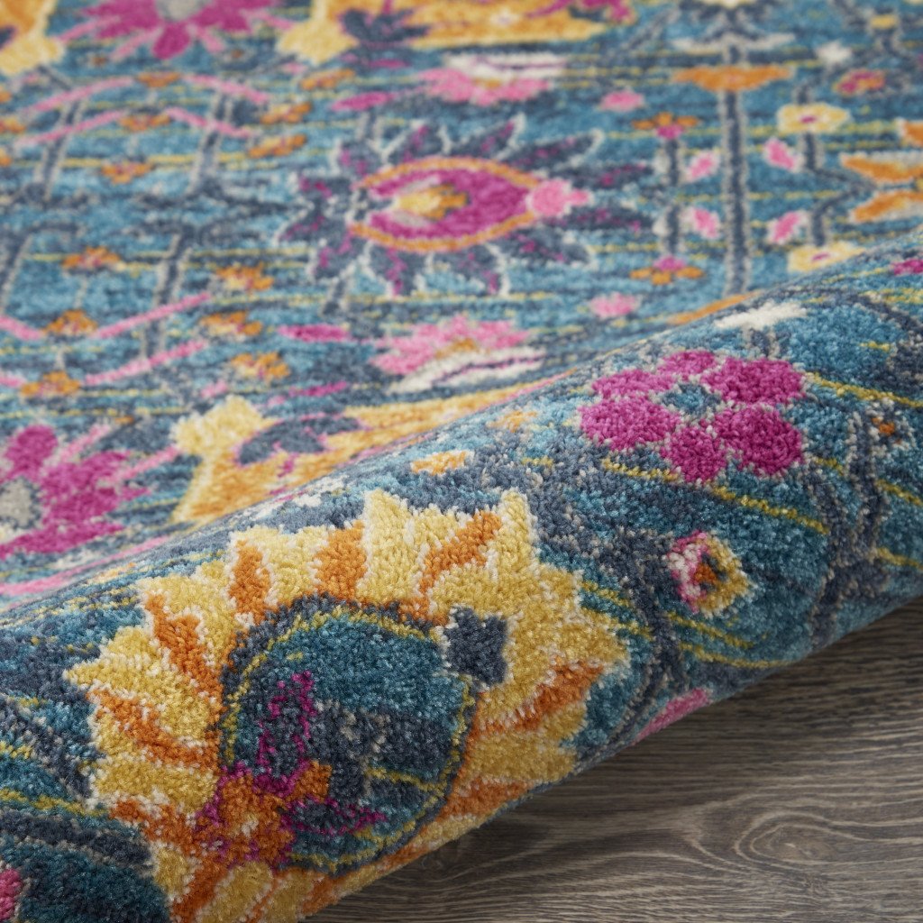 8' Blue And Orange Floral Distressed Round Rug - Image 7