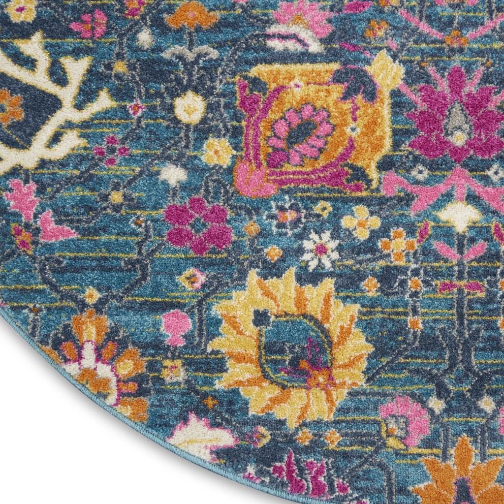 8' Blue And Orange Floral Distressed Round Rug - Image 8