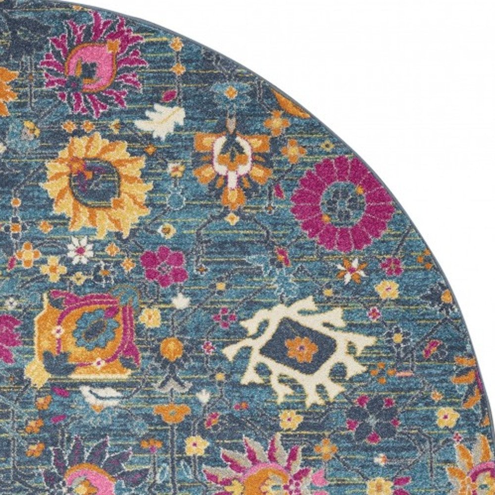 8' Blue And Orange Floral Distressed Round Rug - Image 6