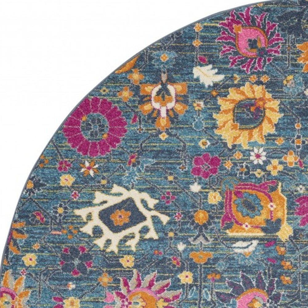 8' Blue And Orange Floral Distressed Round Rug - Image 5