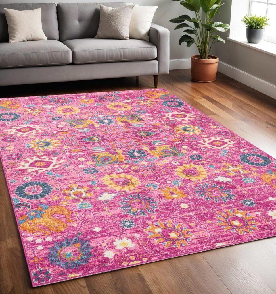 5' X 7' Fuchsia And Orange Floral Distressed Area Rug