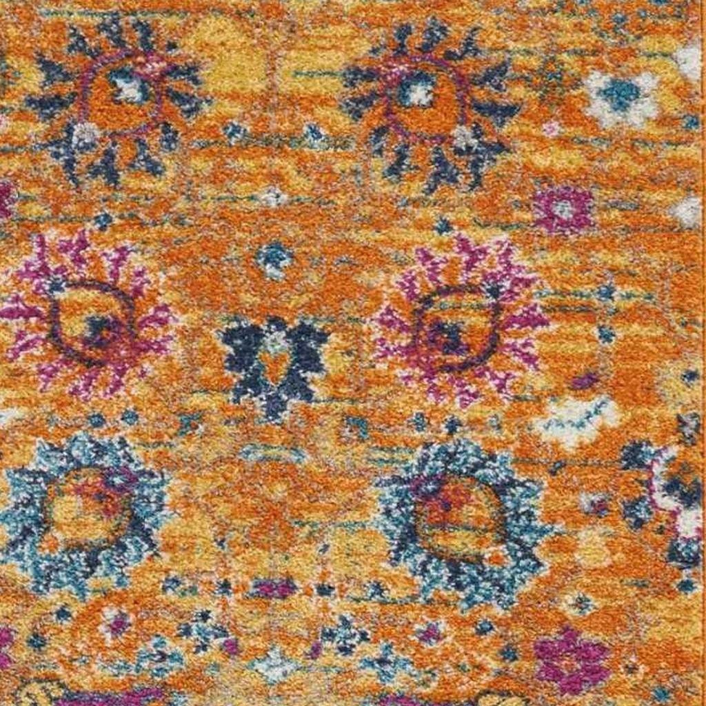 8' Blue And Orange Floral Distressed Runner Rug - Image 3