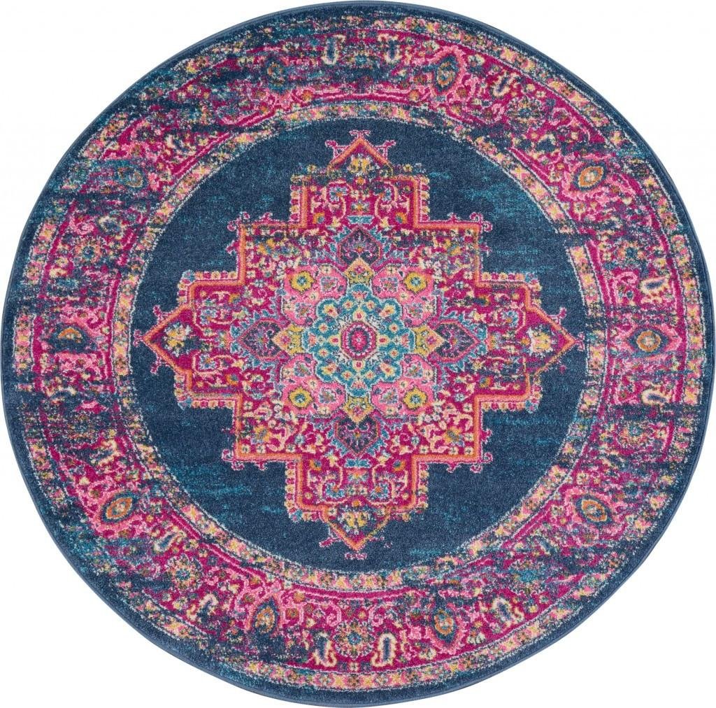 5' Blue And Pink Medallion Distressed Round Rug - Image 4