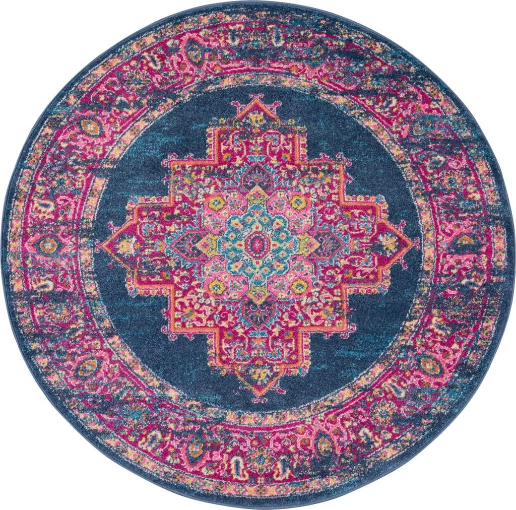 5' Blue And Pink Medallion Distressed Round Rug - Image 2