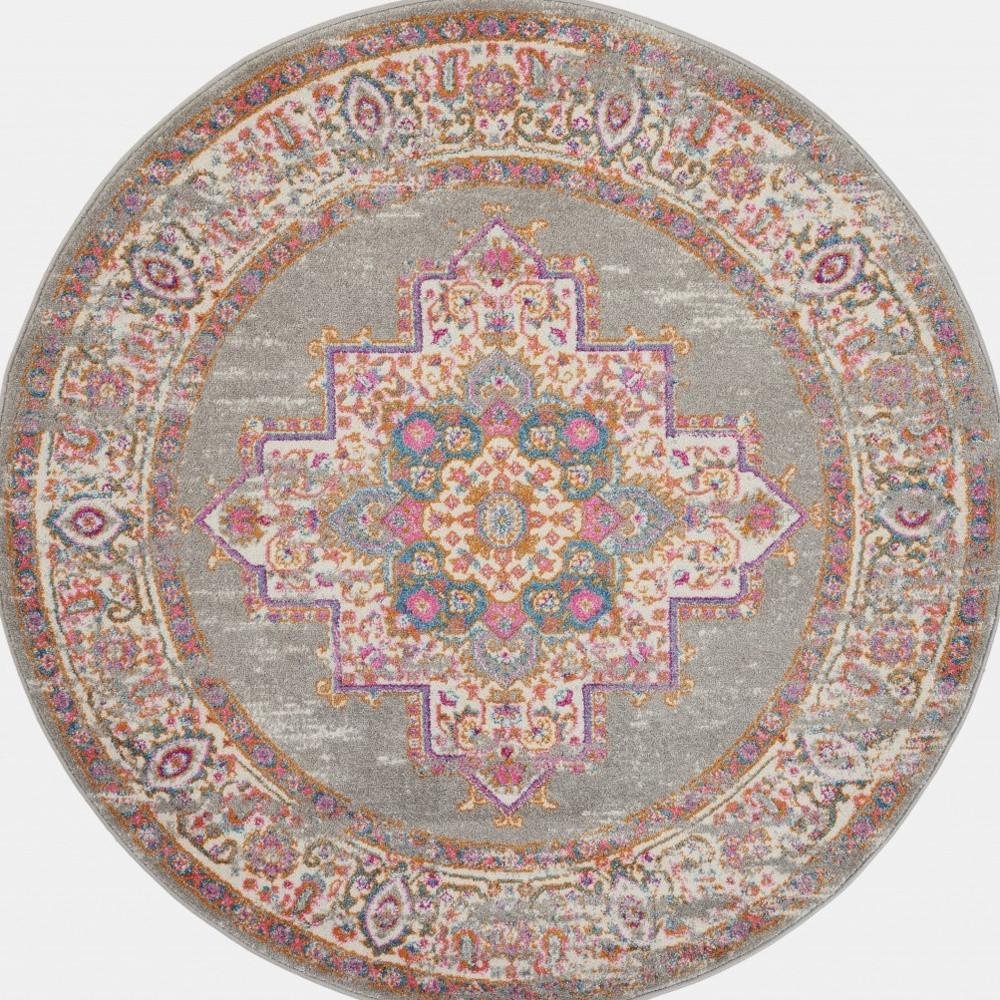 8' Gray And Gold Medallion Distressed Round Rug - Image 3