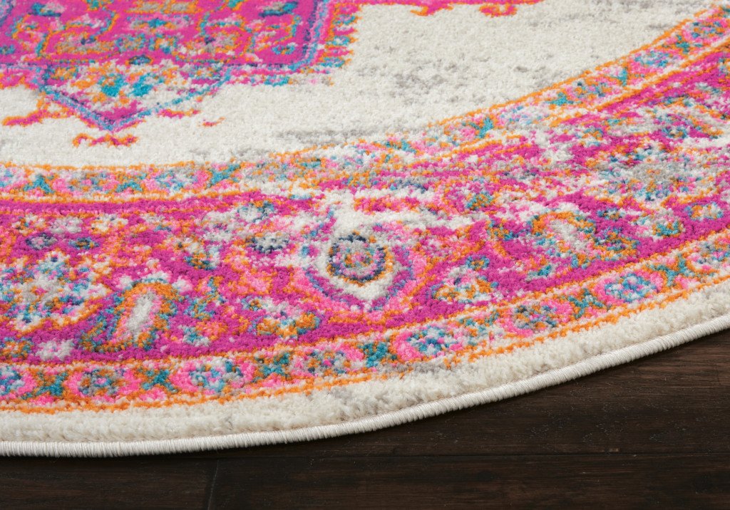 4' Ivory And Fuchsia Oriental Distressed Round Rug - Image 7
