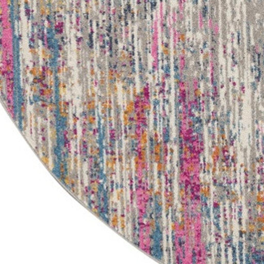 4' Ivory And Blue Abstract Round Rug - Image 3