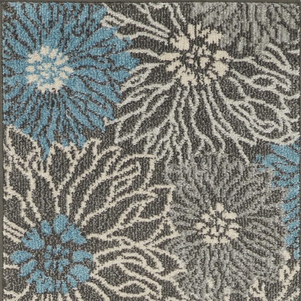 8' Blue And Gray Floral Runner Rug - Image 4
