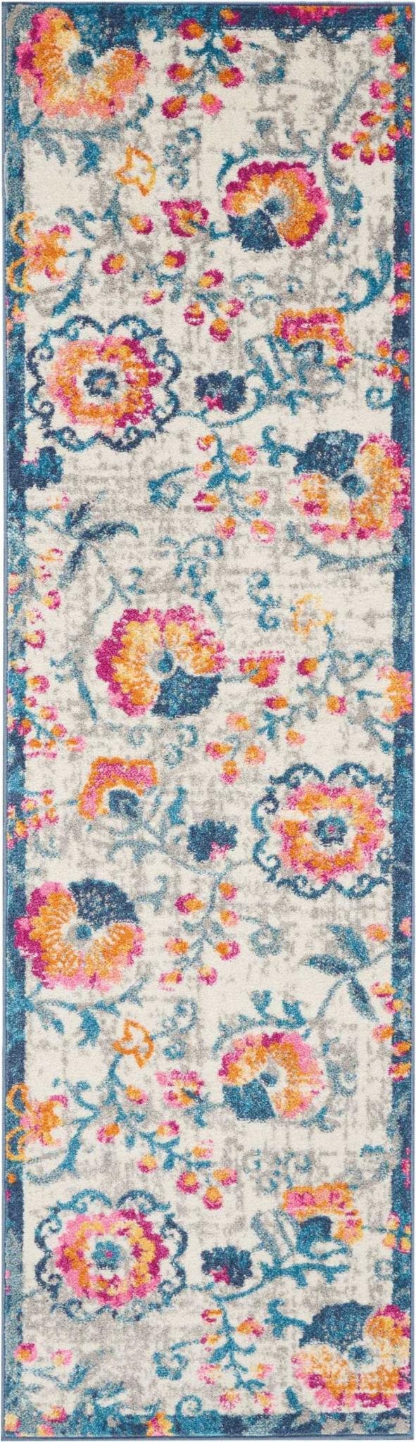 8' Ivory And Blue Floral Runner Rug - Image 4