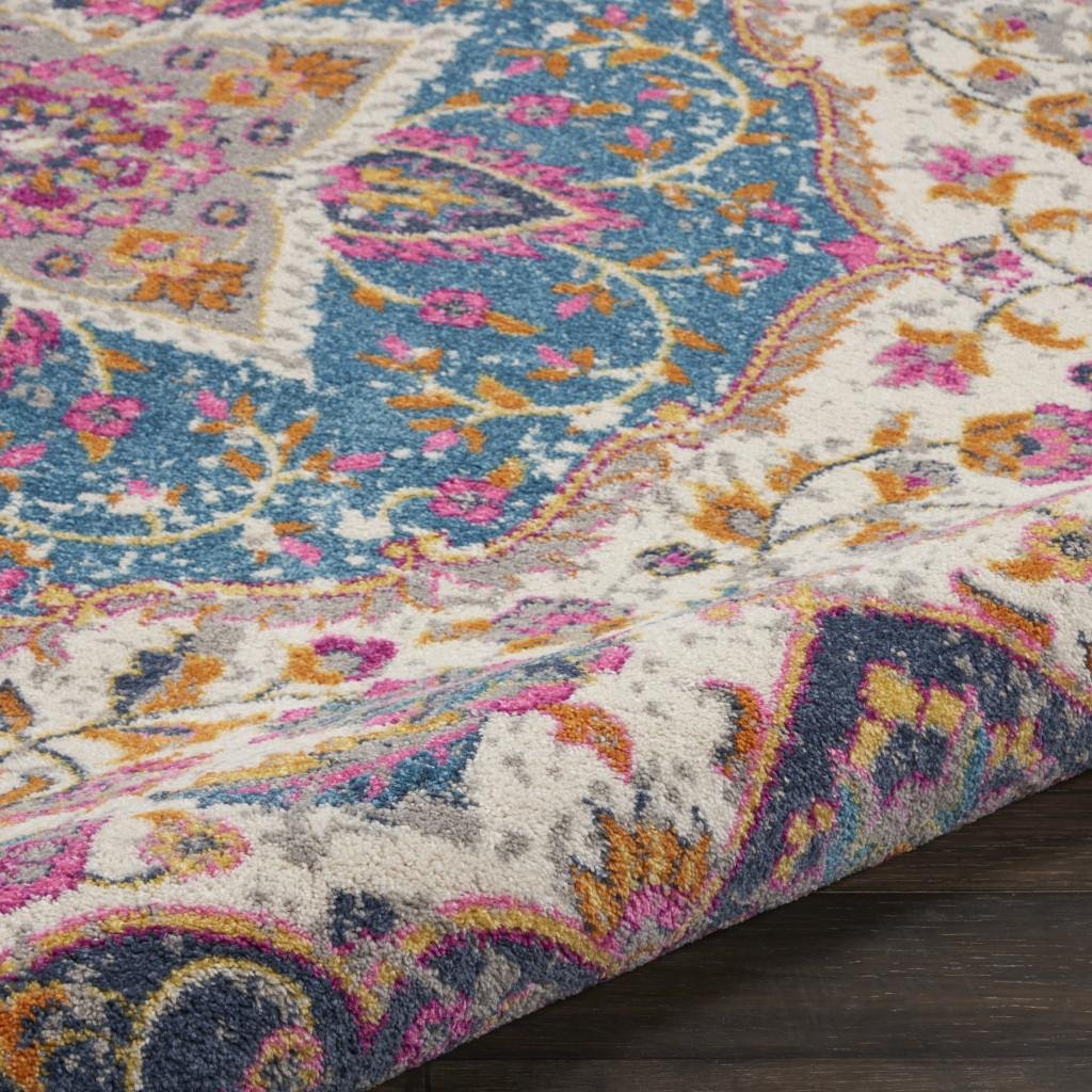 4' Ivory And Blue Medallion Round Rug - Image 5