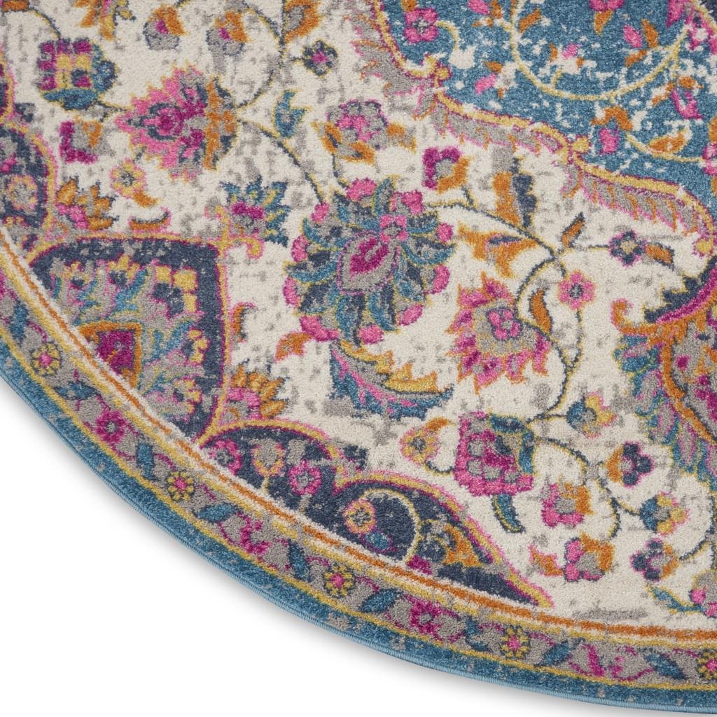 4' Ivory And Blue Medallion Round Rug - Image 6