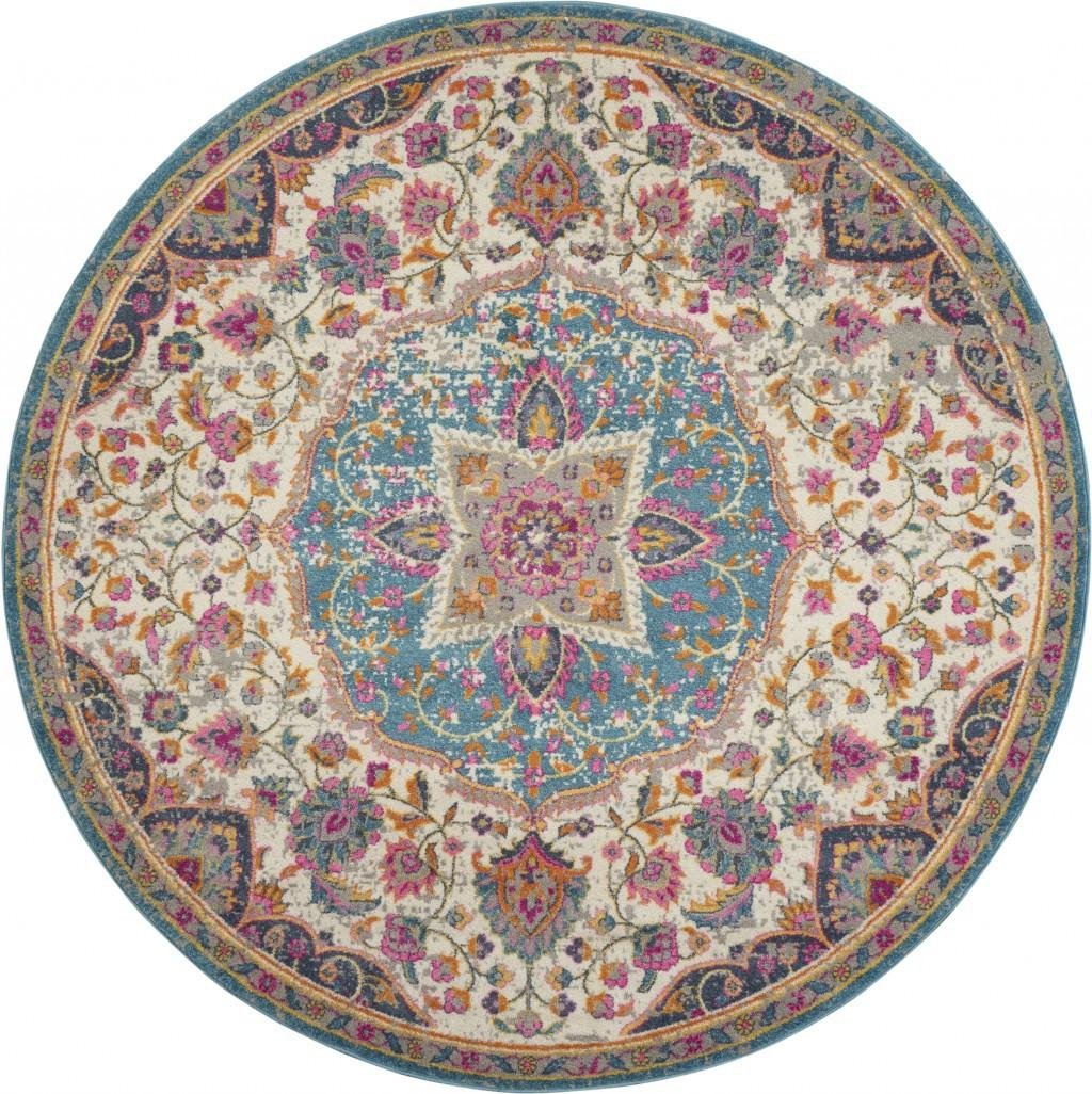 4' Ivory And Blue Medallion Round Rug - Image 4