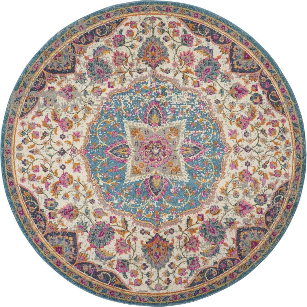 4' Ivory And Blue Medallion Round Rug - Image 2