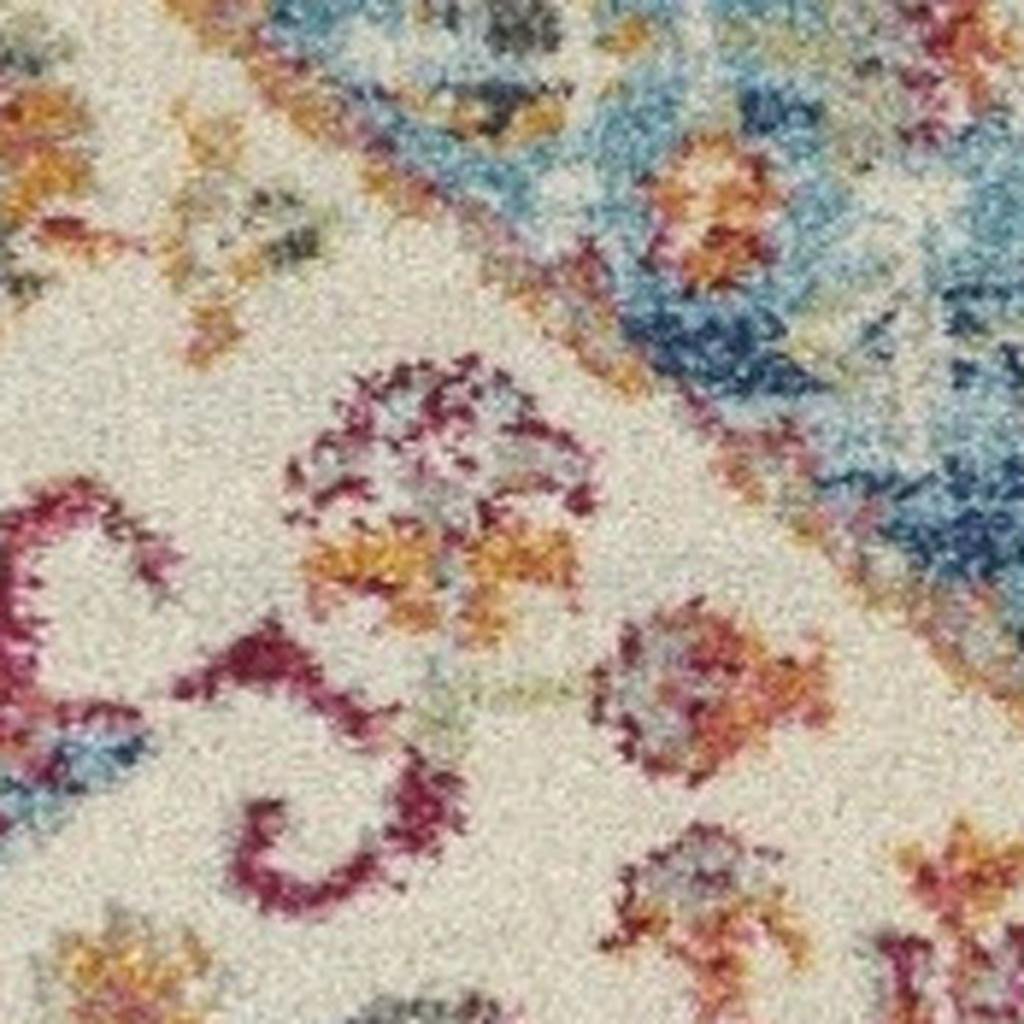 5' Ivory And Blue Oriental Distressed Round Rug - Image 3