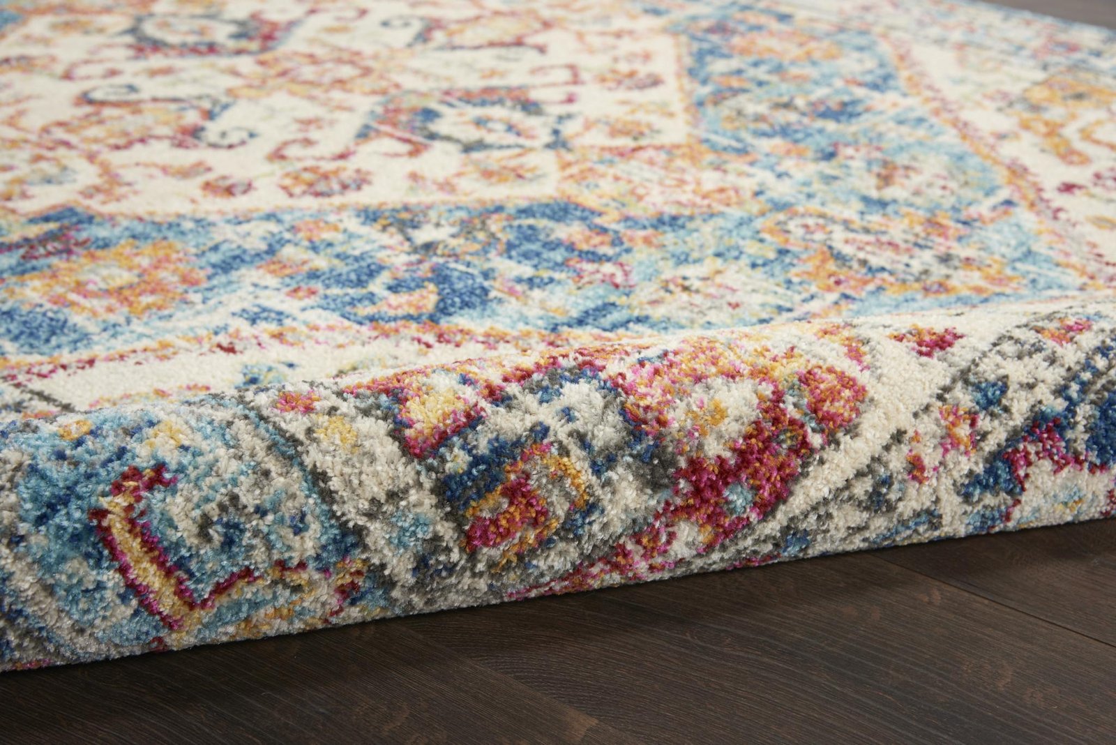 5' Ivory And Blue Oriental Distressed Round Rug - Image 6