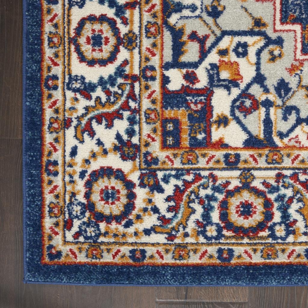 8' Blue And Ivory Medallion Distressed Runner Rug - Image 8