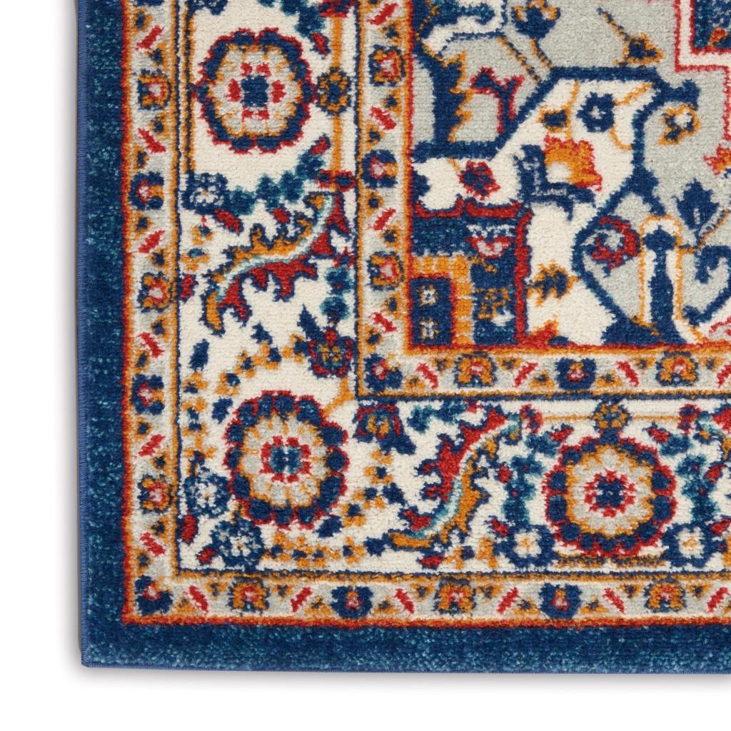 8' Blue And Ivory Medallion Distressed Runner Rug - Image 5