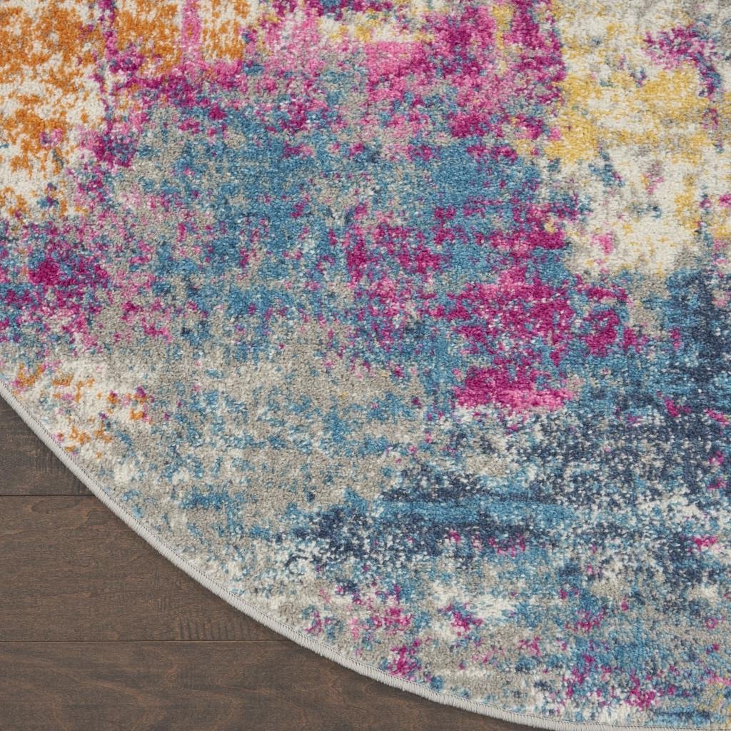 5' Ivory And Blue Abstract Round Rug - Image 9
