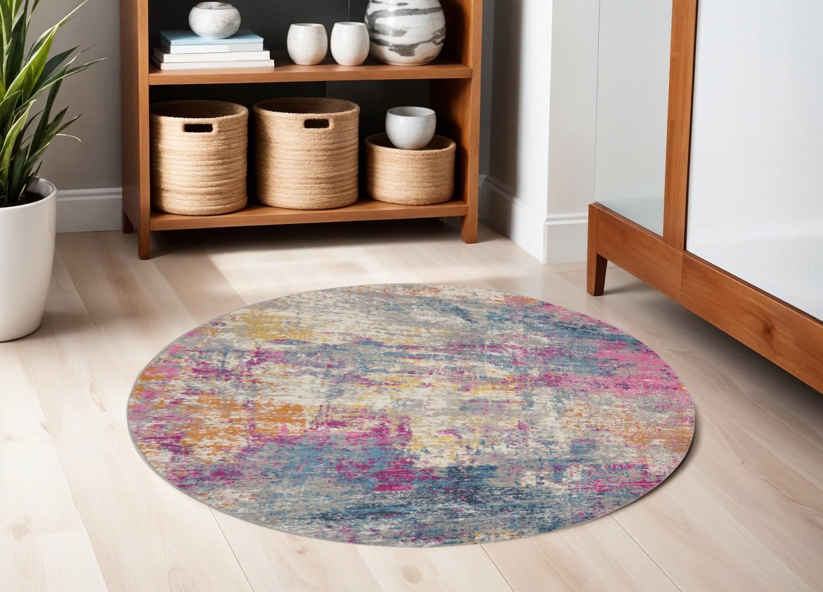 5' Ivory And Blue Abstract Round Rug
