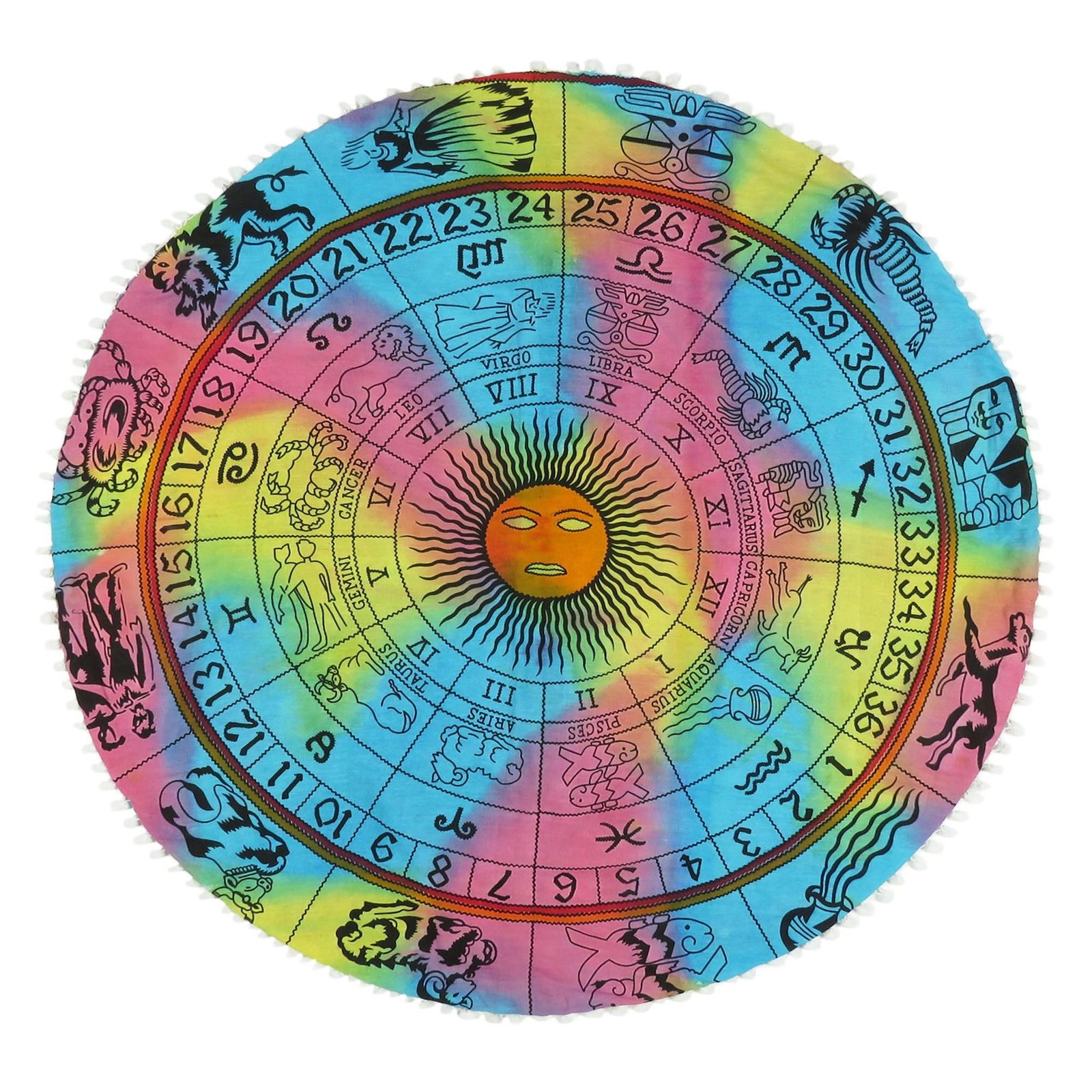 32" Blue And Pink Floor Round Horoscope Throw Pillow Cover with Pompoms - Image 2