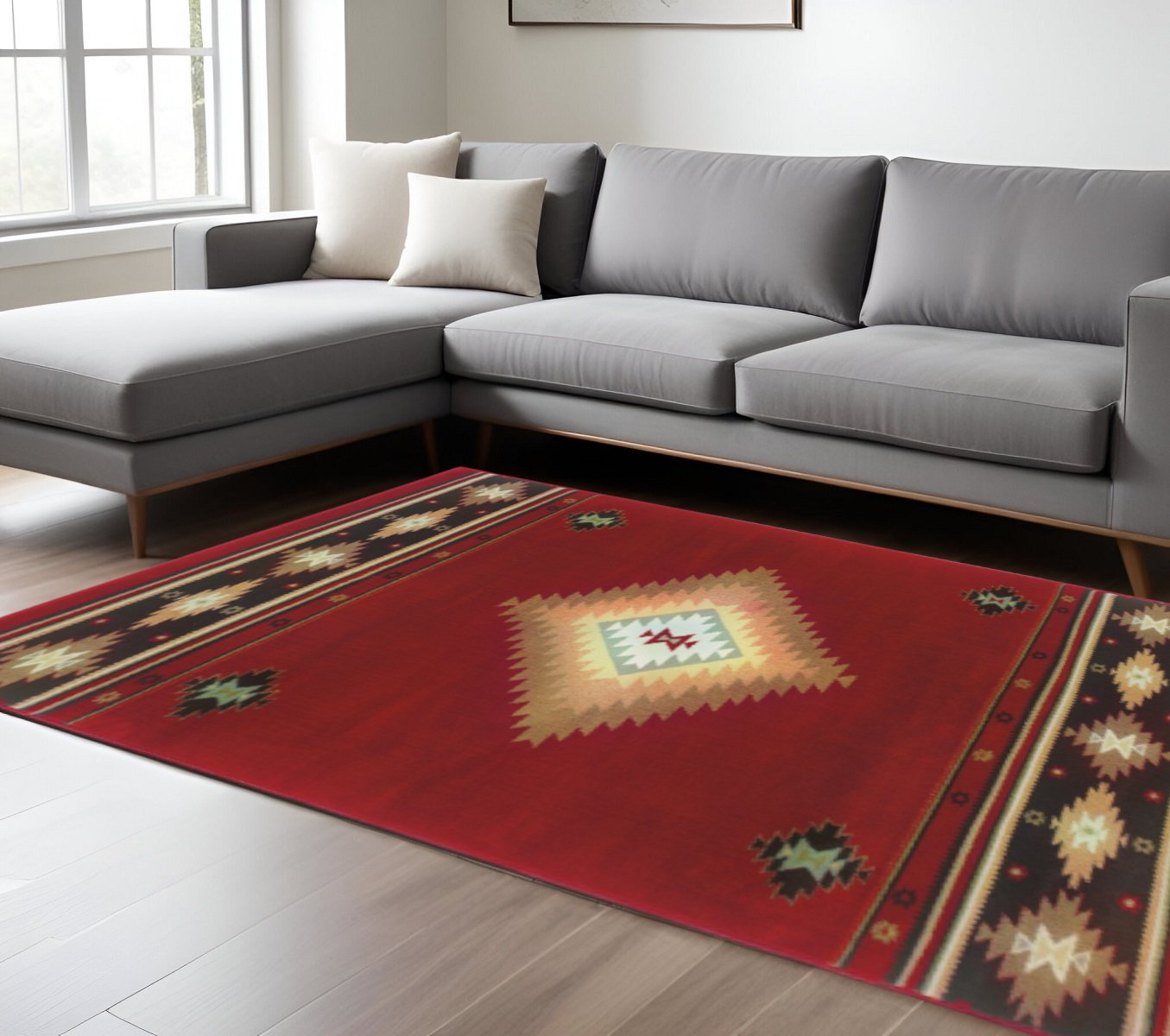 8' X 11' Red And Beige Ikat Pattern Area Rug
