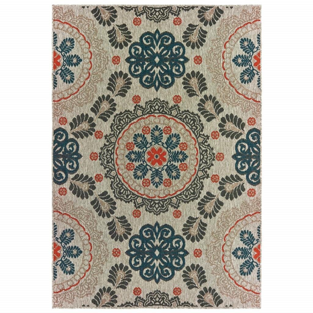 3' X 5' Blue And Gray Damask Indoor Outdoor Area Rug - Image 2