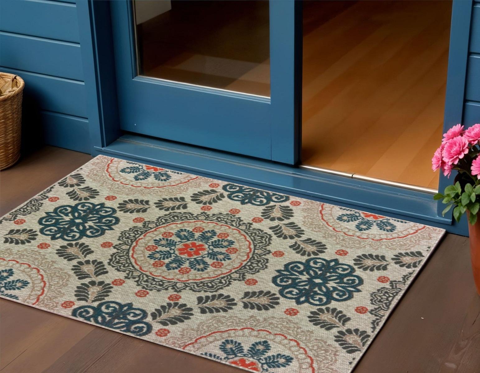 3' X 5' Blue And Gray Damask Indoor Outdoor Area Rug