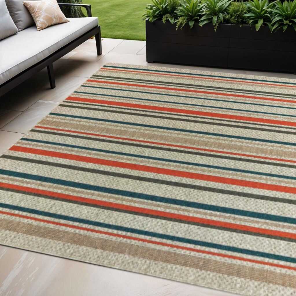 5' X 7' Blue And Gray Striped Indoor Outdoor Area Rug