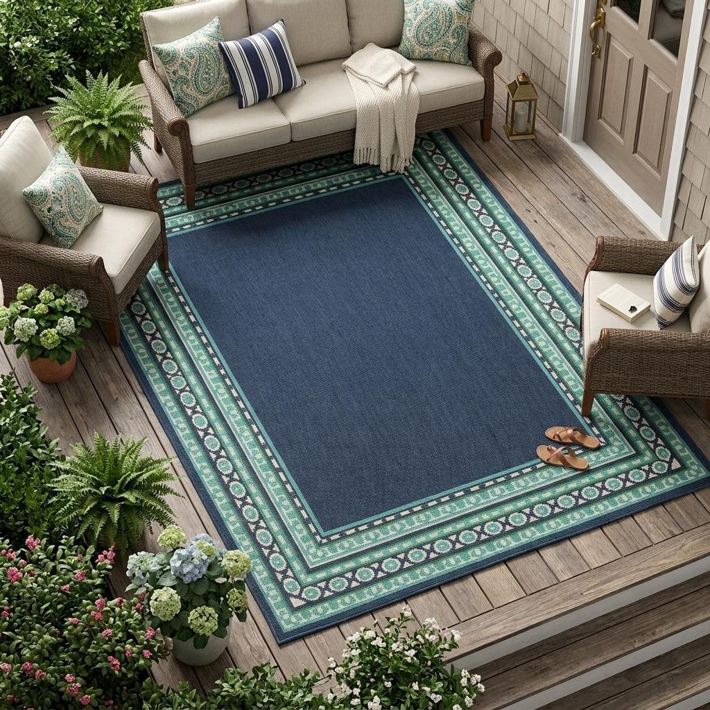7' X 10' Blue and Green Indoor Outdoor Area Rug