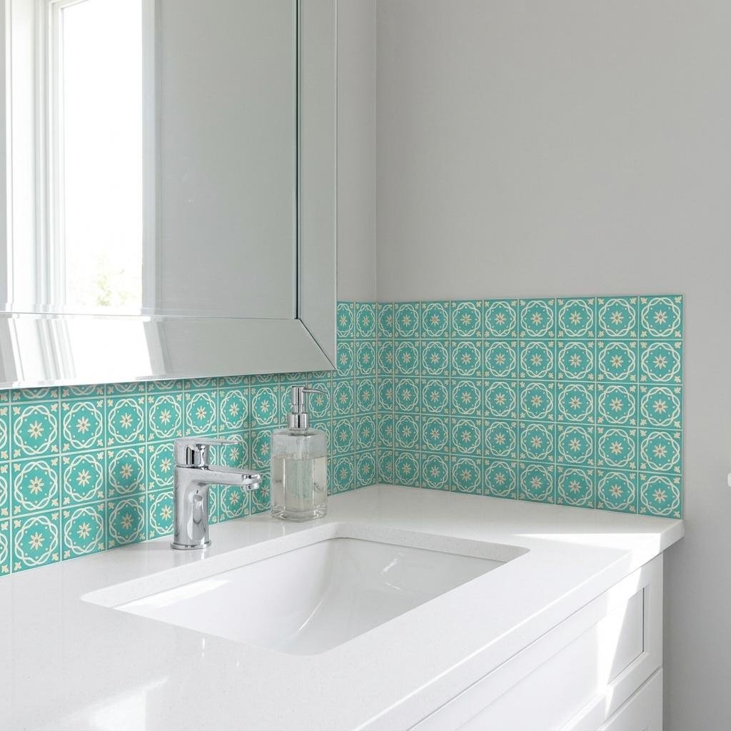 4" X 4" Aquamarine Mosaic Peel And Stick Removable Tiles