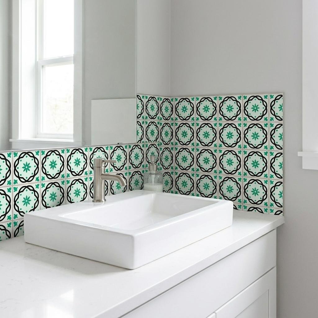 4" X 4" Green And White Mosaic Peel And Stick Removable Tiles