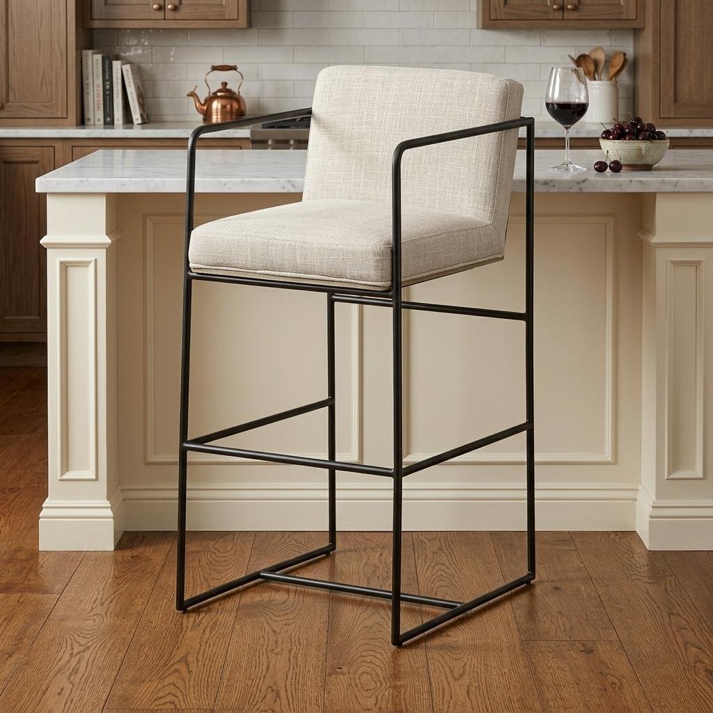 29" Beige And Black Fabric And Metal Counter Height Bar Chair