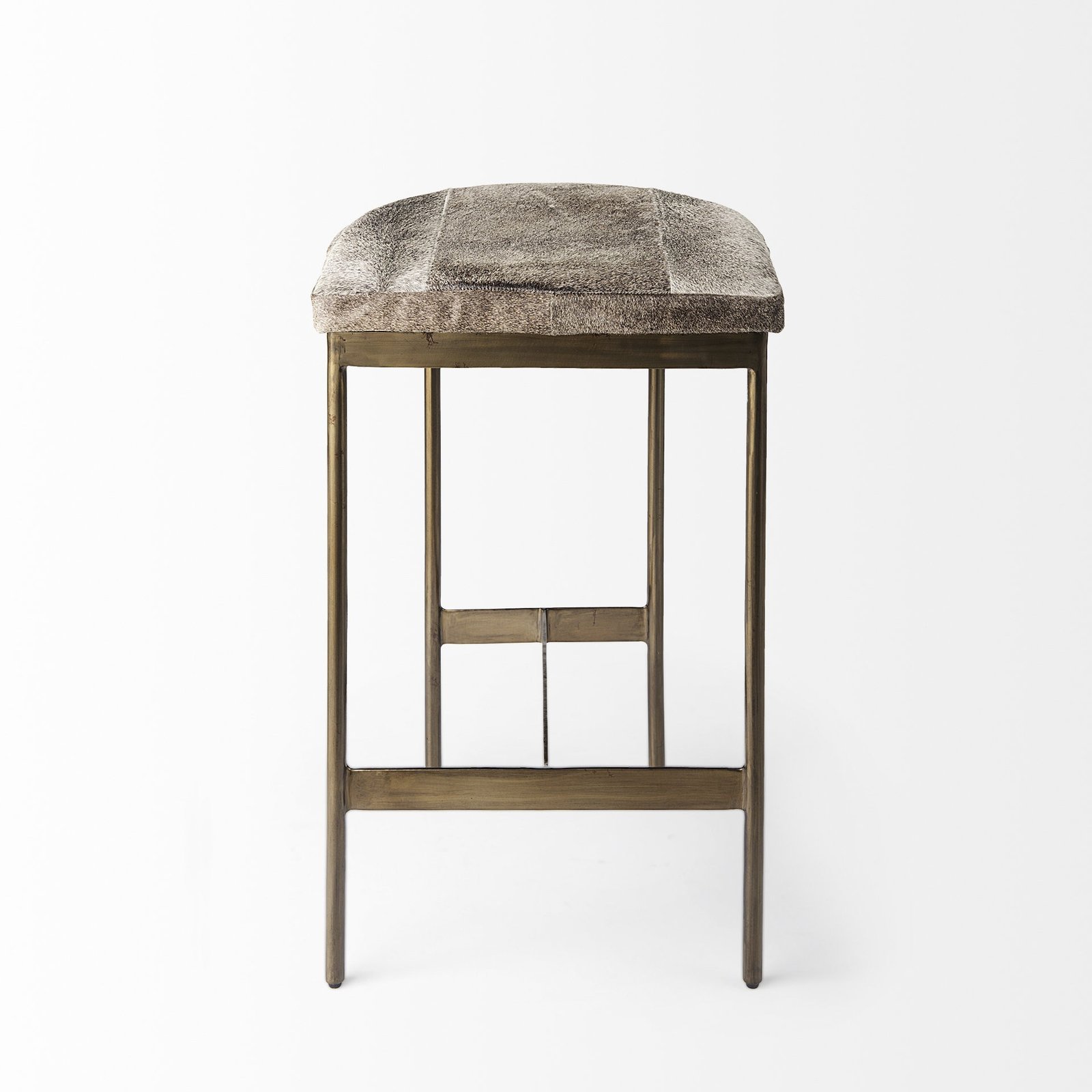 29" Gray And Gold Hair on Hide Leather And Iron Backless Counter Height Bar Chair - Image 2