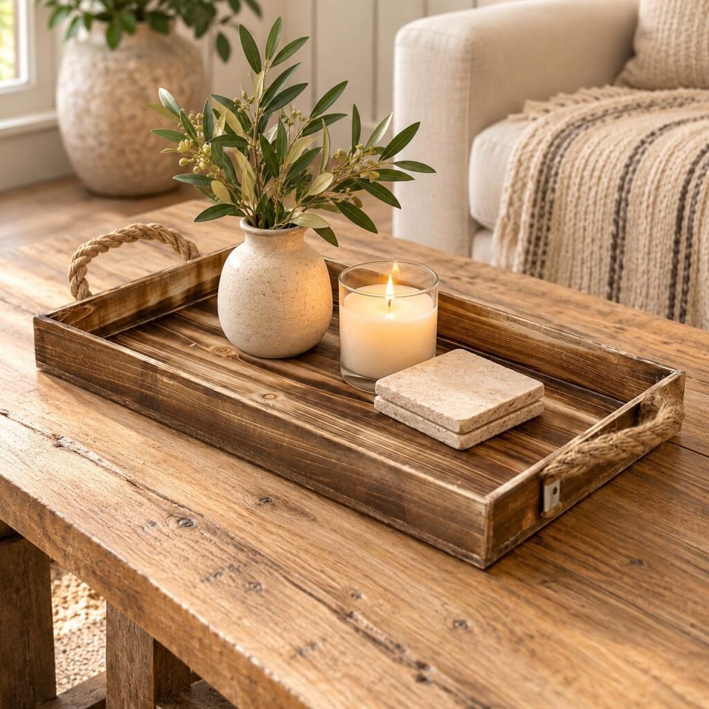 20" Brown Distressed Wood Handmade Serving Tray With Rope Handles