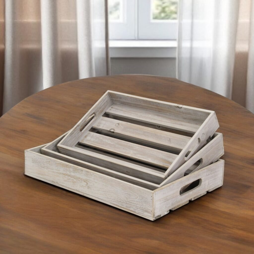 19" Gray Rectangular Wood Handmade Tray With Handles
