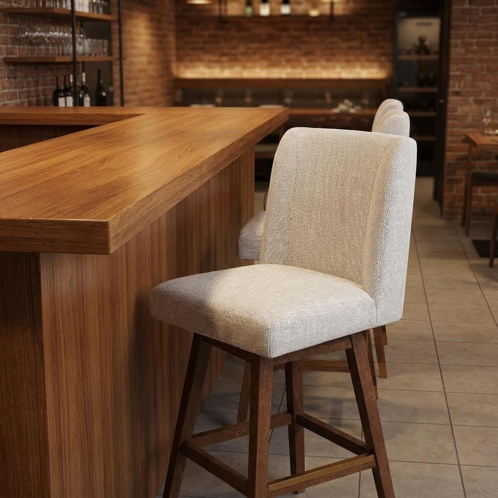 30" Beige And Brown Fabric And Solid Wood Bar Height Swivel Bar Chair