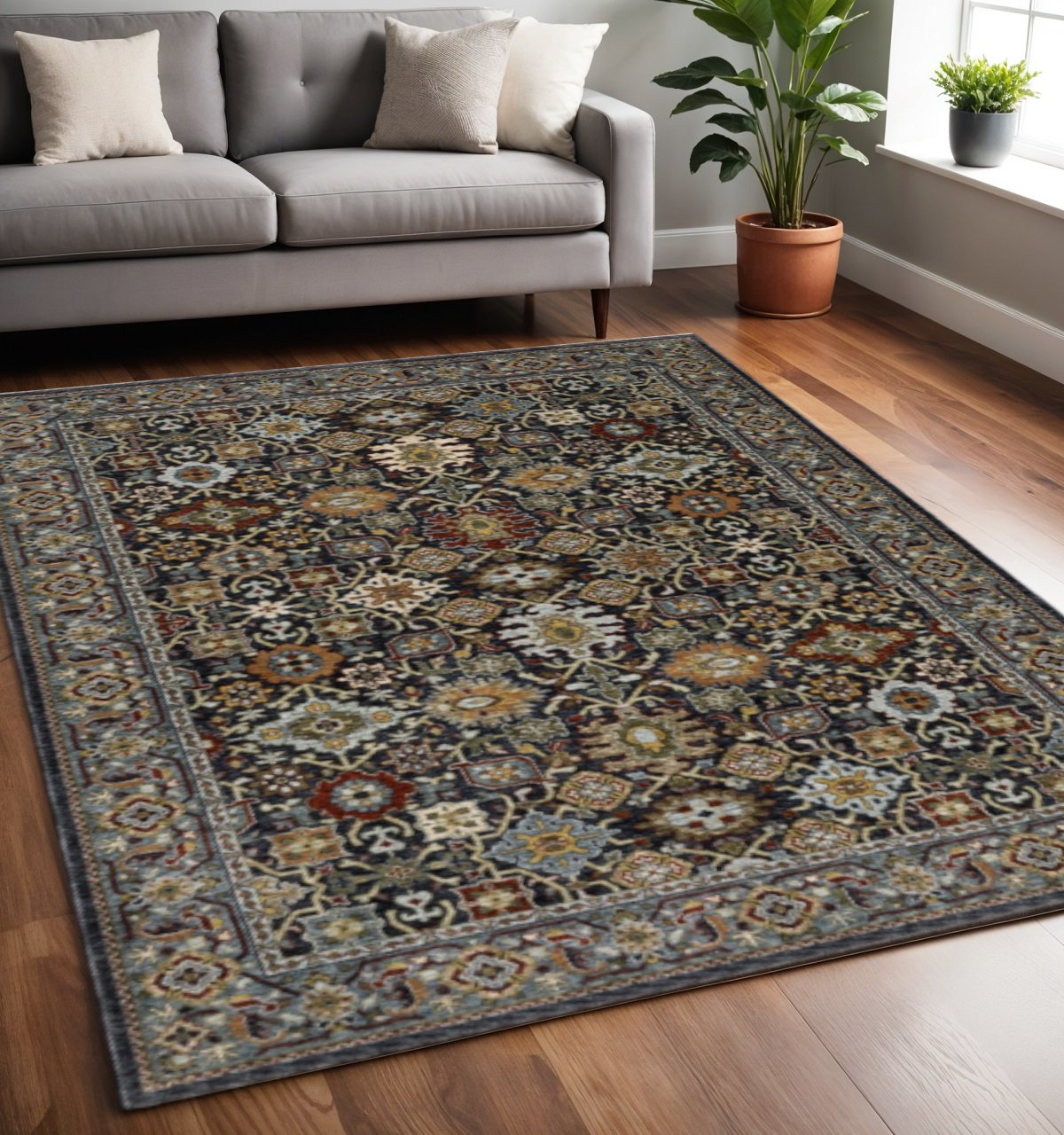 5' X 8' Blue Red Beige Orange Green And Rust Oriental Power Loom Stain Resistant Area Rug With Fringe