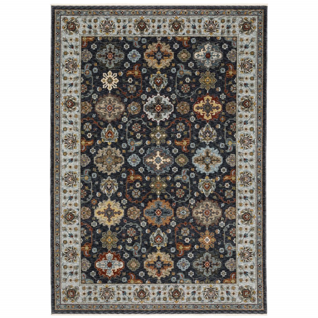 10' X 13' Blue Red Beige Yellow Grey Rust And Gold Oriental Power Loom Stain Resistant Area Rug With Fringe - Image 2