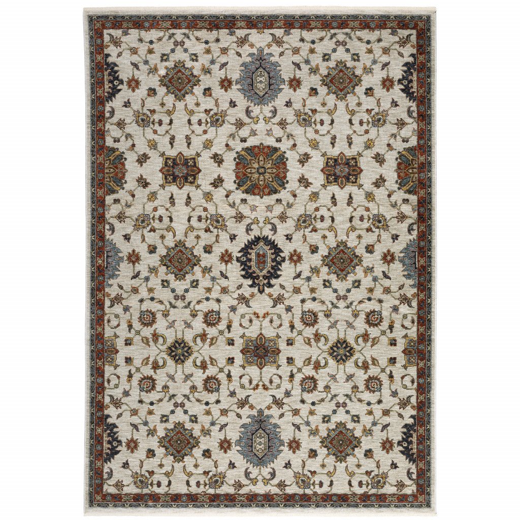 2' X 3' Ivory Grey Rust Red Gold And Shades Of Blue Oriental Power Loom Stain Resistant Area Rug With Fringe - Image 2