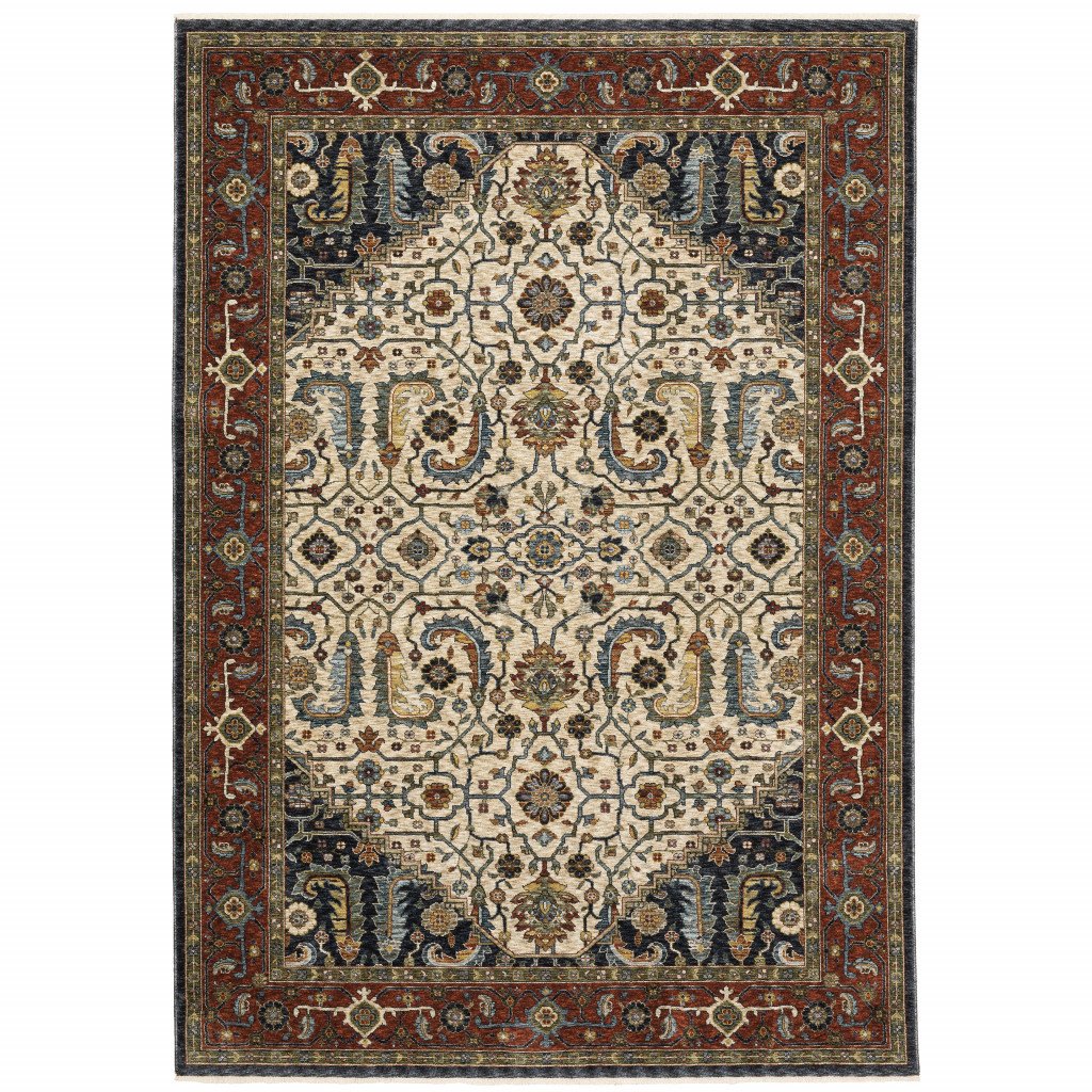 10' X 13' Ivory Beige Red Blue Gold Green And Navy Oriental Power Loom Stain Resistant Area Rug With Fringe - Image 2