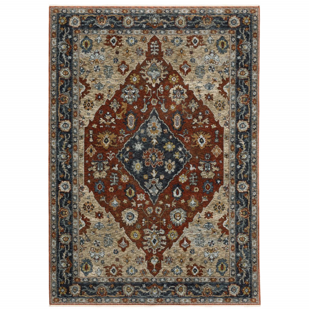 10' X 13' Blue Beige Tan Brown Gold And Rust Red Oriental Power Loom Stain Resistant Area Rug With Fringe - Image 2