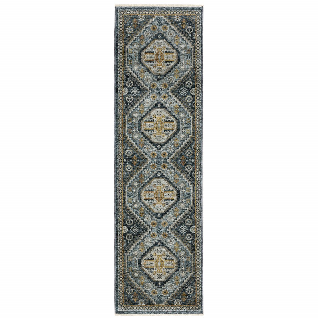 2' X 8' Blue Gold Ivory And Navy Oriental Power Loom Stain Resistant Runner Rug With Fringe - Image 2