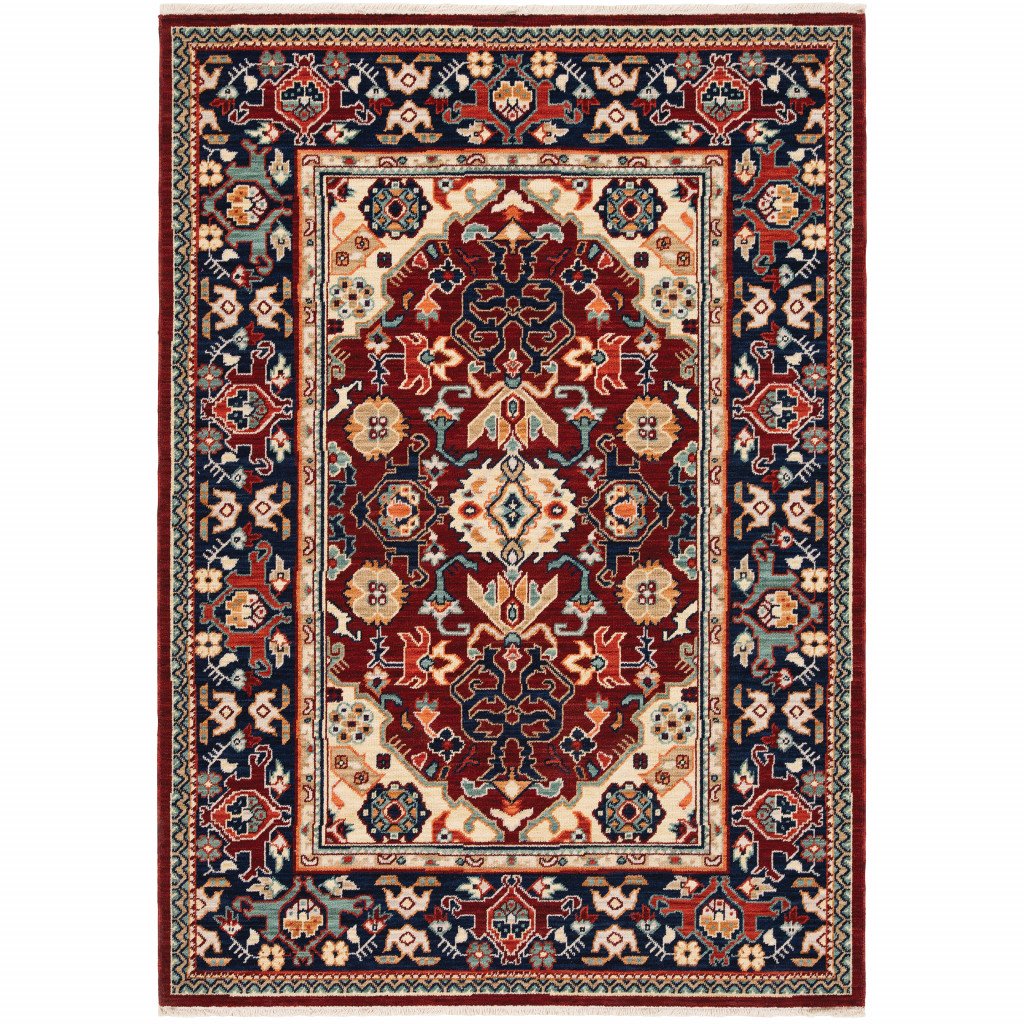 8' X 11' Red Blue Orange And Beige Oriental Power Loom Stain Resistant Area Rug With Fringe - Image 2