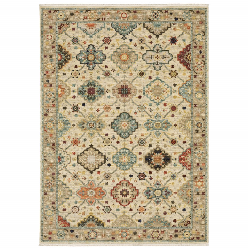 2' X 3' Beige Pale Blue Rust Gold Tan Brown And Orange Oriental Power Loom Stain Resistant Area Rug With Fringe - Image 2