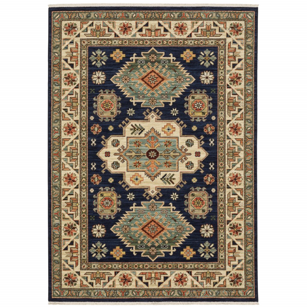 10' X 13' Navy Charcoal Orange Rust Gold Pale Blue Olive Beige And Salmon Oriental Power Loom Stain Resistant Area Rug With Fringe - Image 2