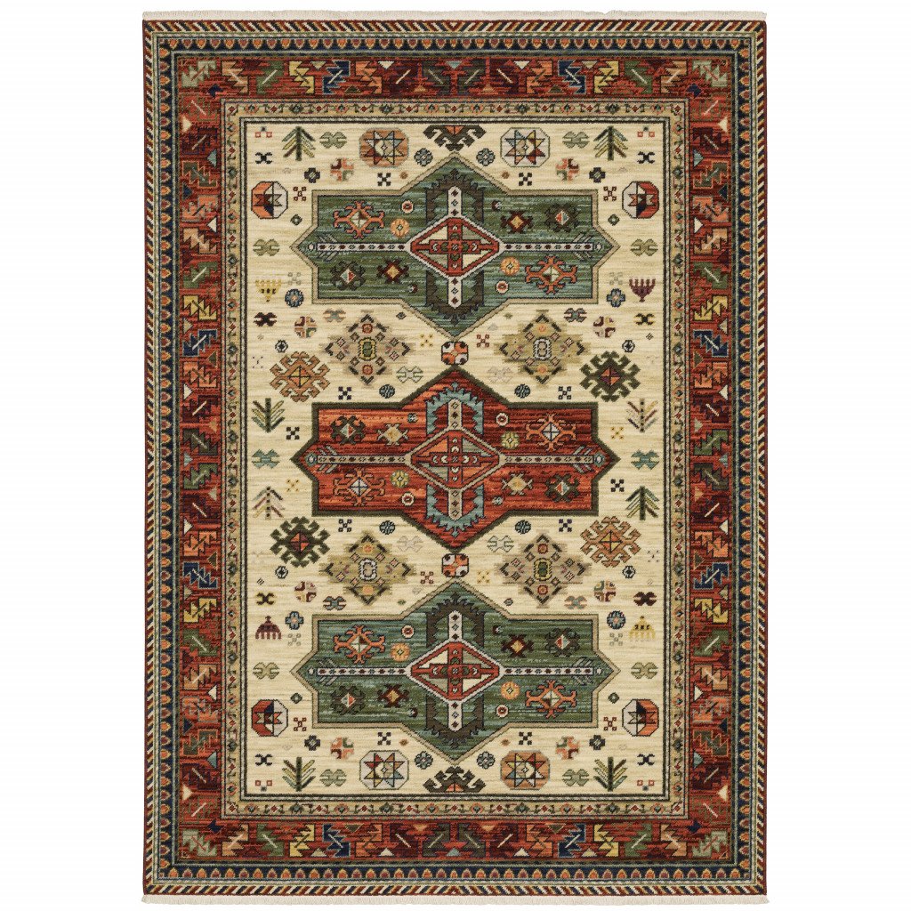 8' X 11' Brick Red Orange Rust Beige Gold Pale Blue Olive Navy And Black Oriental Power Loom Stain Resistant Area Rug With Fringe - Image 2