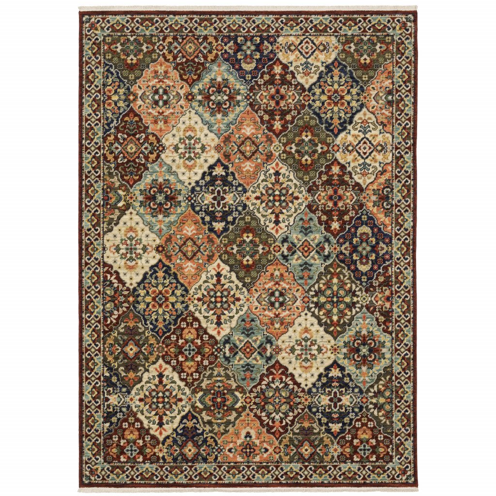 10' X 13' Red Rust Navy Light Blue Brown Orange Ivory And Gold Oriental Power Loom Stain Resistant Area Rug With Fringe - Image 2