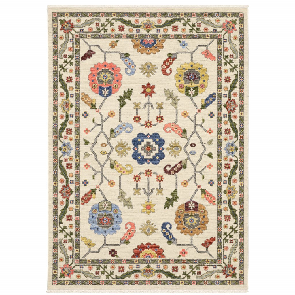 3' X 5' Ivory Green Blues Pink Yellow Rust Brown Tan And Grey Oriental Power Loom Stain Resistant Area Rug With Fringe - Image 2