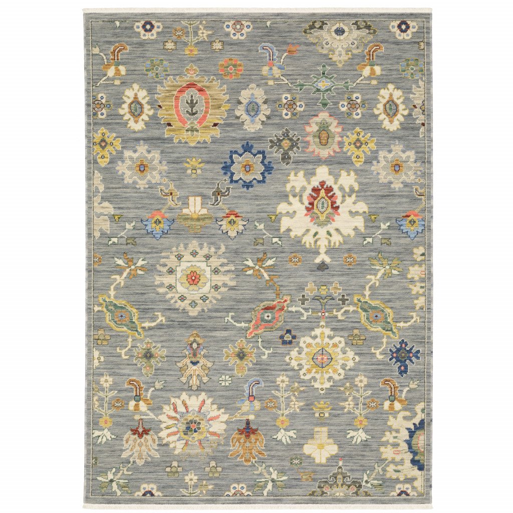 2' X 6' Grey Ivory Gold Salmon Red Blue And Green Oriental Power Loom Stain Resistant Runner Rug With Fringe - Image 2